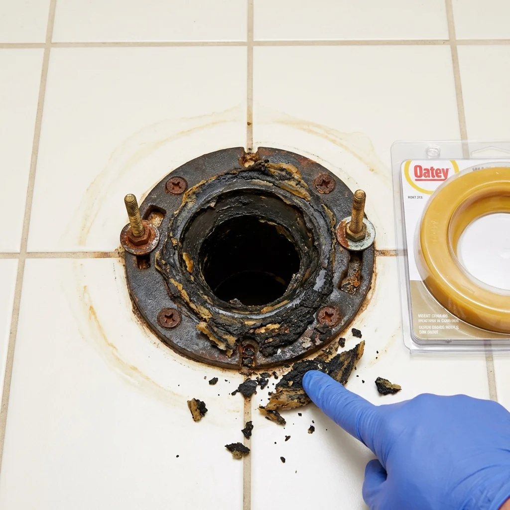 Failed wax ring showing water seepage at the base of a toilet in a Georgetown, OH home