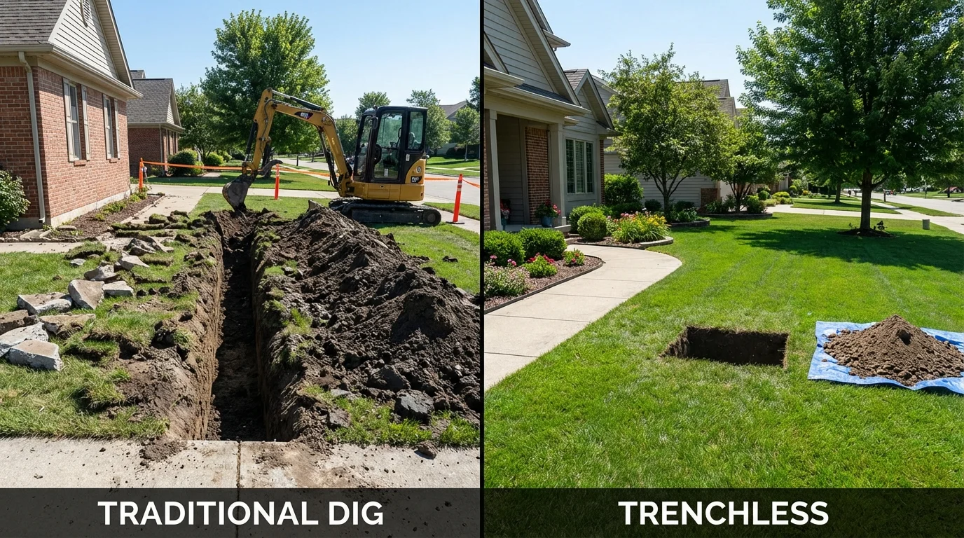 Trenchless sewer repair with minimal yard damage versus traditional excavation in Georgetown, OH
