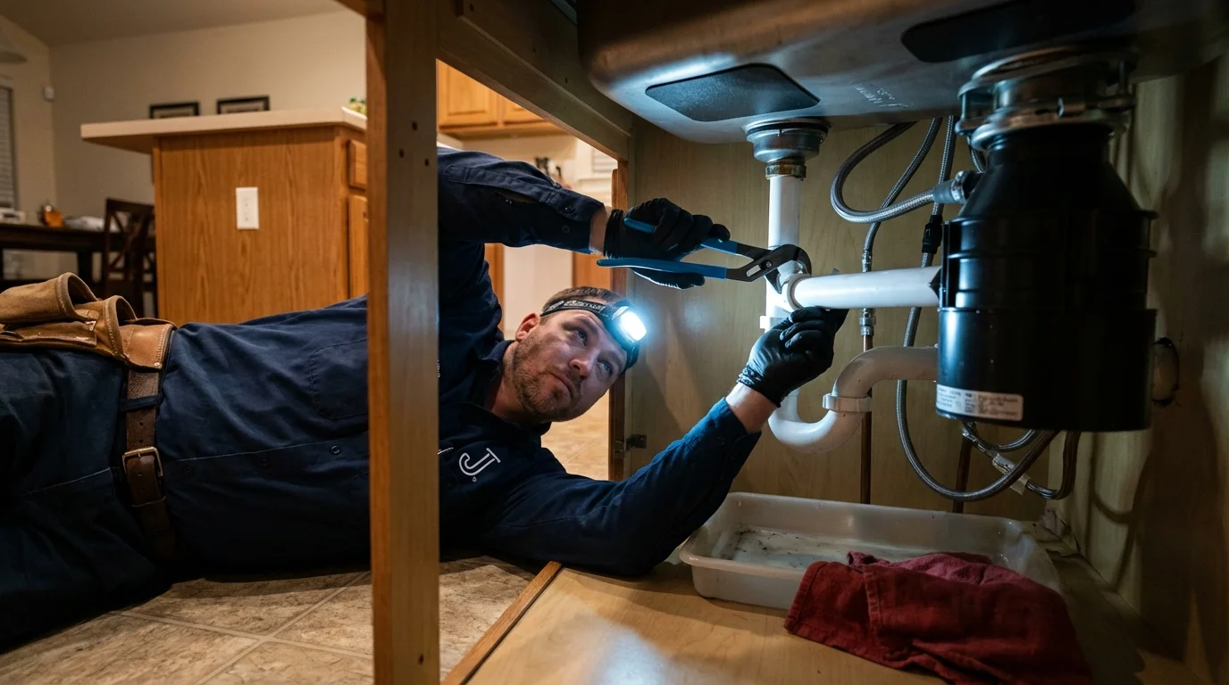 P-trap and supply line connections under a kitchen sink showing a common leak point in Georgetown, OH
